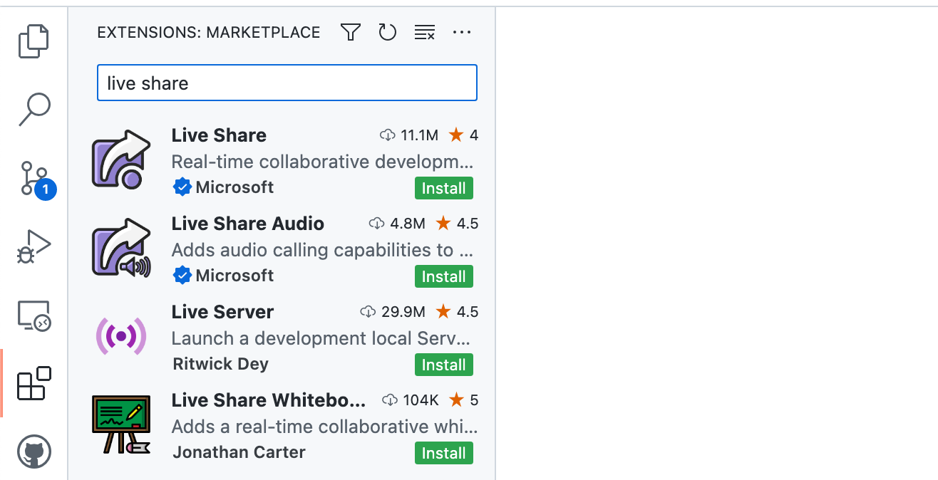 검색 상자에 "라이브 공유"가 입력된 "익스텐션: Marketplace" 사이드바의 스크린샷 "Live Share"는 익스텐션 목록의 첫 번째 항목입니다.