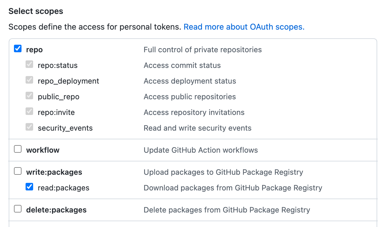 'repo' and 'packages' scopes selected for a personal access token (classic)