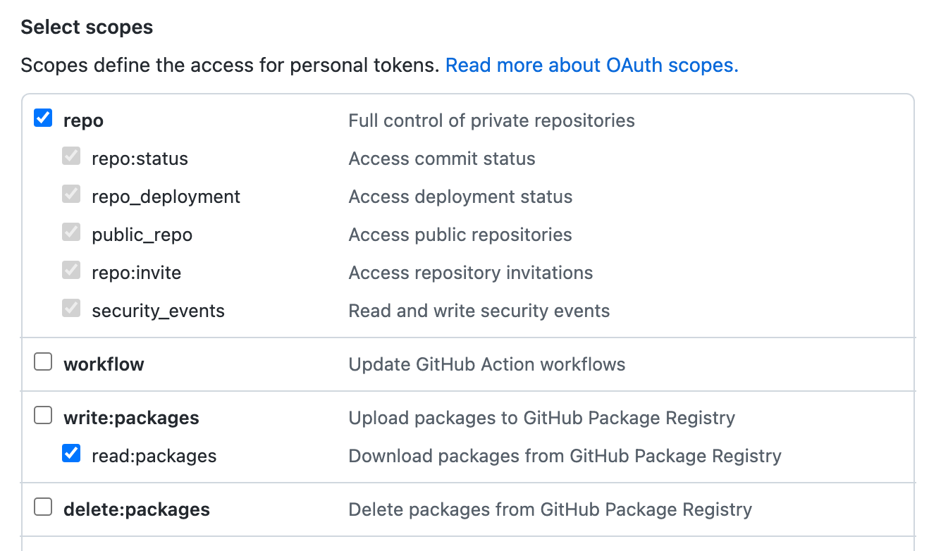 Captura de tela das opções de configuração "Selecionar escopos" para um personal access token (classic), com os escopos "repositório" e "read:packages" selecionados.