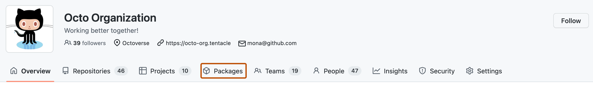 Capture d’écran de la page de profil de @octo-org. L’onglet « Packages » est mis en évidence avec un encadré orange.