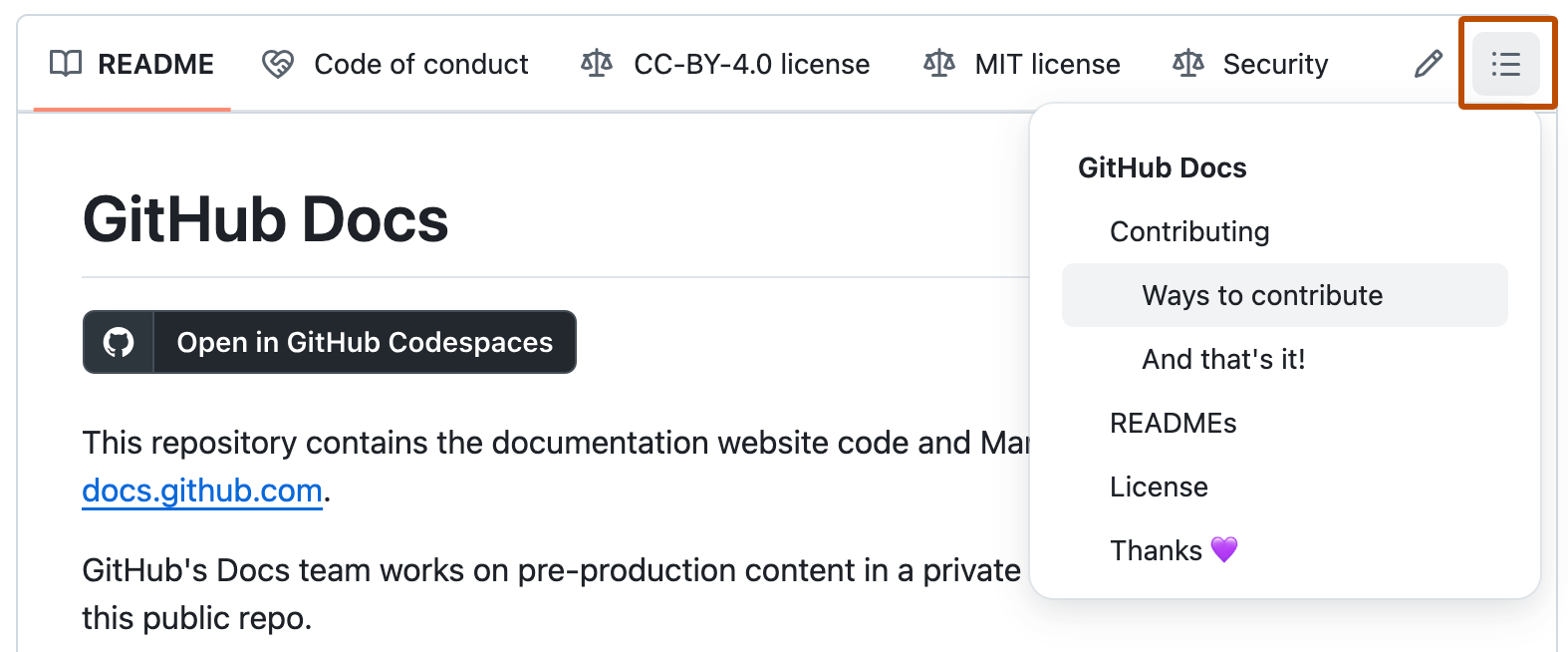 Screenshot of the README file in the GitHub Docs open source repository with the drop-down menu for the table of contents exposed. The table of contents icon is outlined in dark orange.