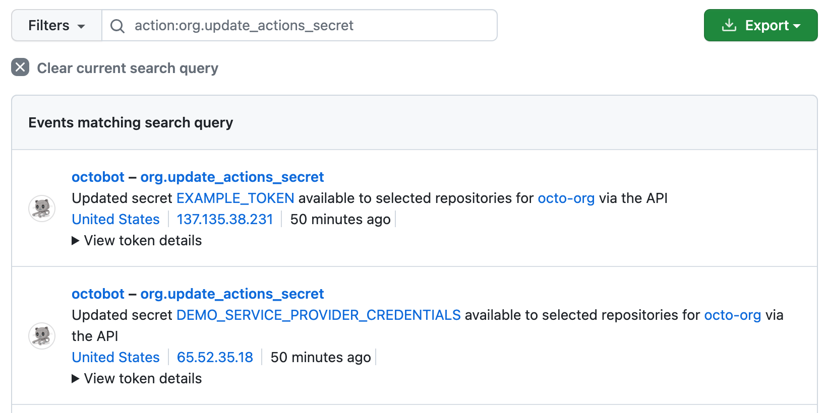 Captura de tela mostrando a procura de "action:org.update_actions_secret" no log de auditoria de uma organização. Dois resultados detalham atualizações de API em dois segredos que estão disponíveis para repositórios selecionados.