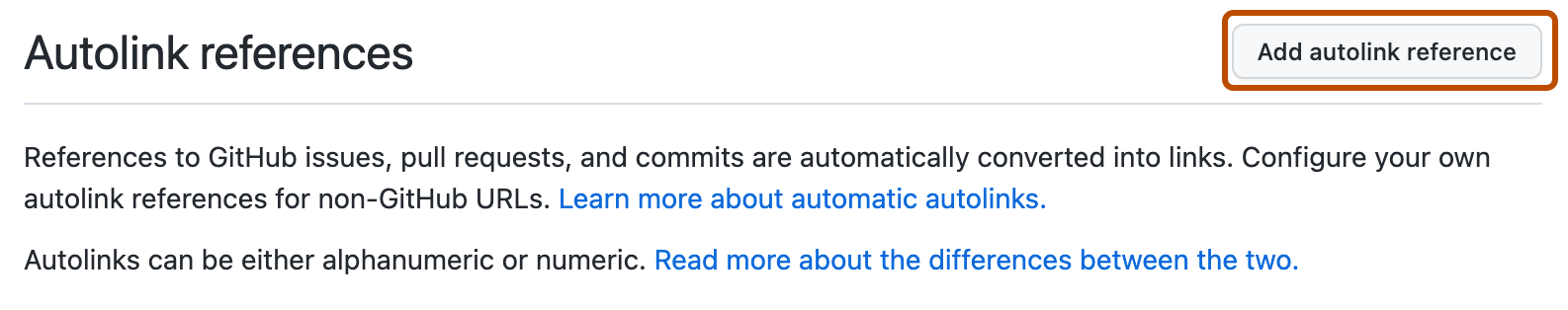Captura de pantalla de la página "Referencias de vínculo automático". El botón "Agregar referencia de vínculo automático" está resaltado por un contorno naranja oscuro.