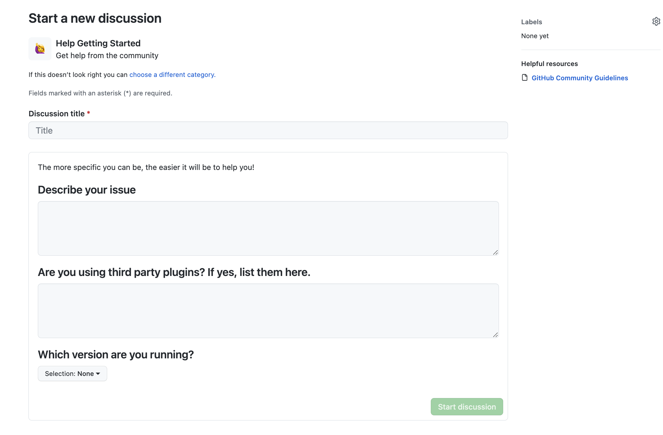 Screenshot of a rendered discussion category form