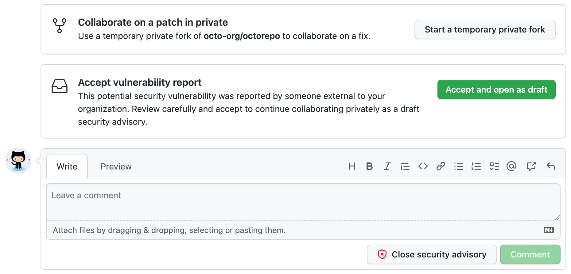 Captura de tela mostrando as opções disponíveis para o administrador do repositório ao examinar um relatório de vulnerabilidade enviado externamente