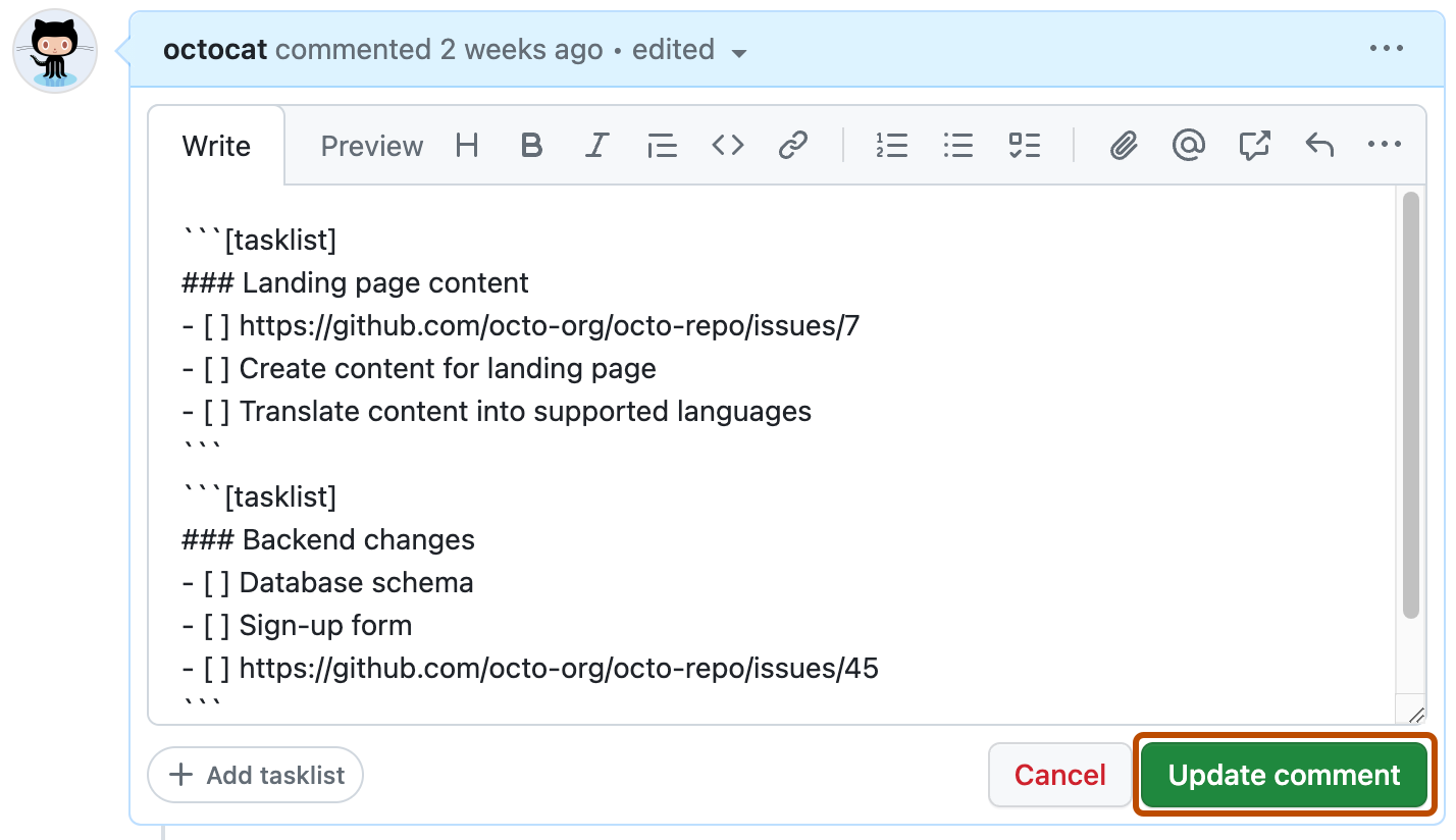 Captura de tela de um problema que está sendo editado. Há duas listas de tarefas presentes, e o botão "Atualizar comentário" é realçado com um retângulo laranja.