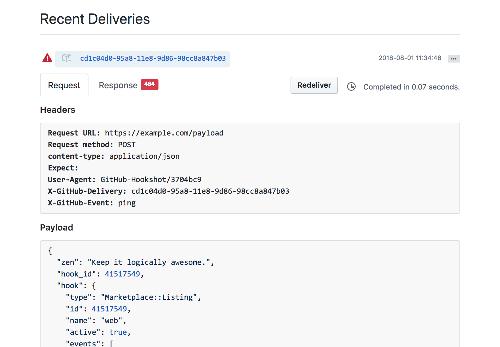 Screenshot of the recent webhook deliveries for the GitHub Marketplace listing.