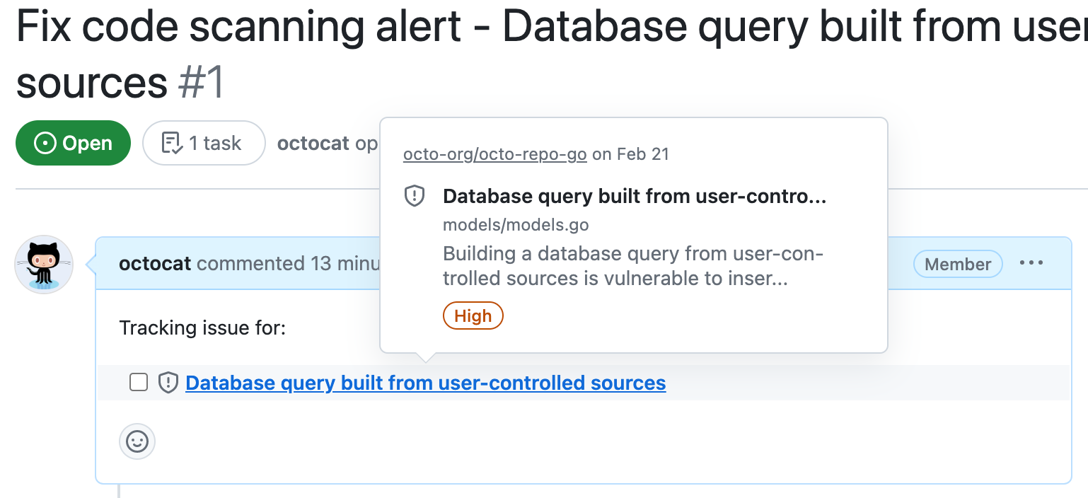 Captura de tela que mostra um problema que acompanha um alerta da code scanning. O cartão sensível à passagem do mouse do alerta é exibido, com um ícone de notificação de segurança cinza antes do título.