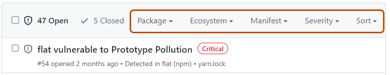 Captura de tela dos menus de filtro e classificação na guia do Dependabot alerts tab.