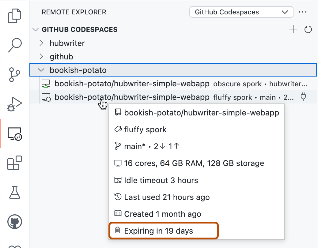 Captura de pantalla de la barra lateral "Explorador remoto". En el menú contextual de un codespace, "Expira en 19 días" aparece resaltado con un contorno naranja.