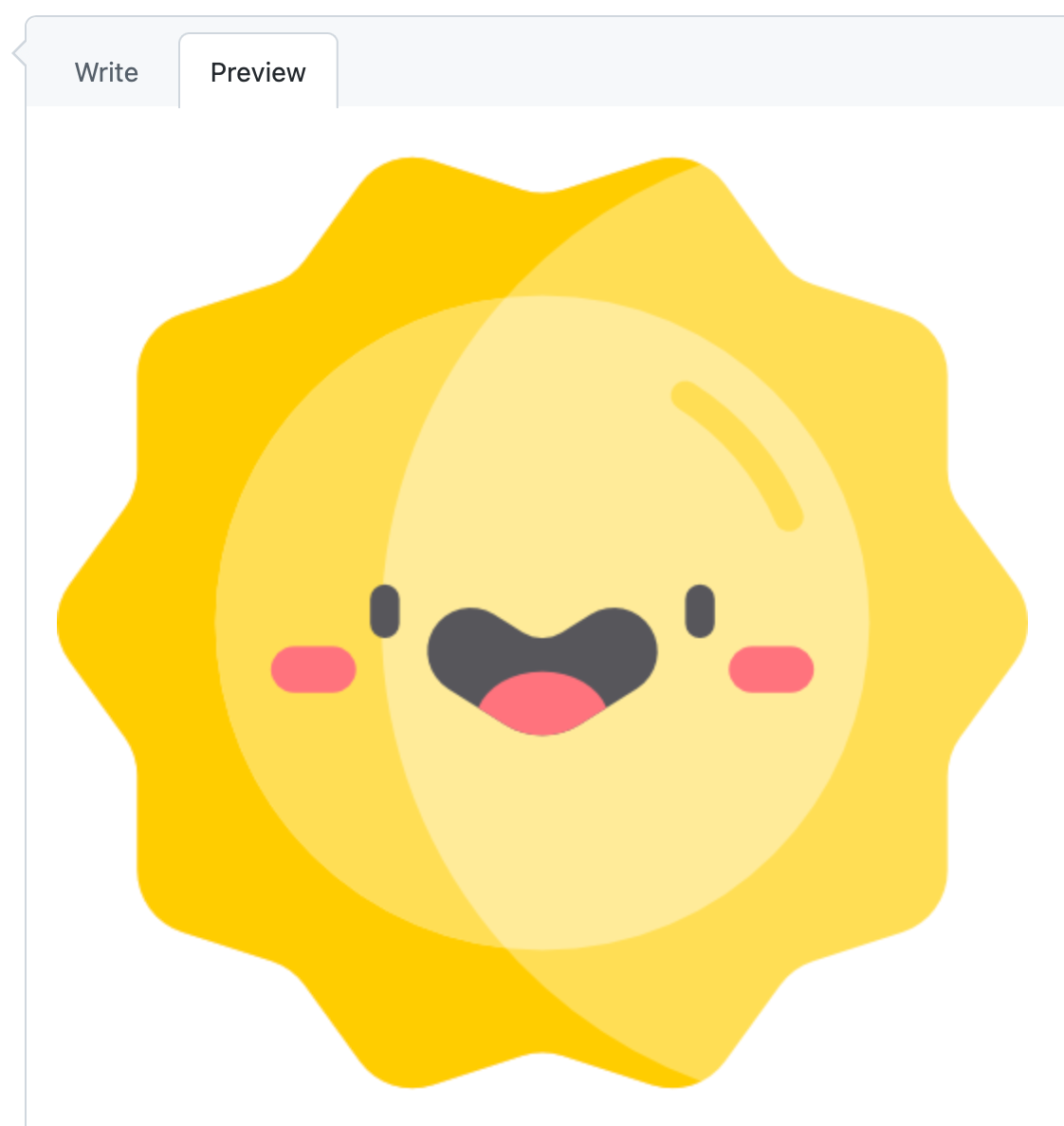 GitHub コメントの [プレビュー] タブのスクリーンショット。ライト モードになっています。 ボックスには笑顔の太陽が描かれています。