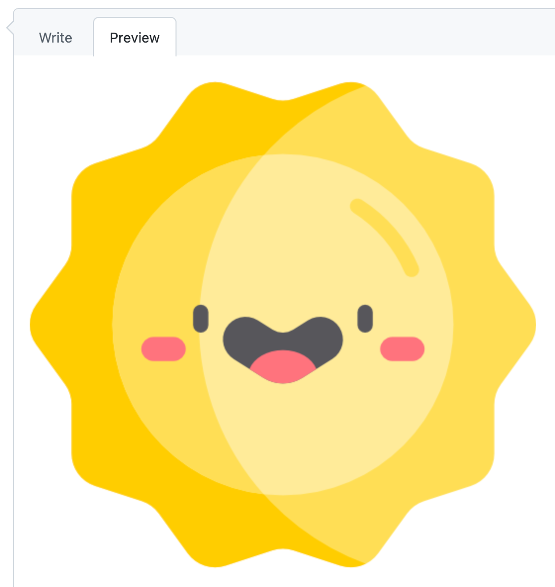 Captura de pantalla de la pestaña "Vista previa" de un comentario GitHub, en modo claro. Una imagen de un sol sonriente llena el cuadro.