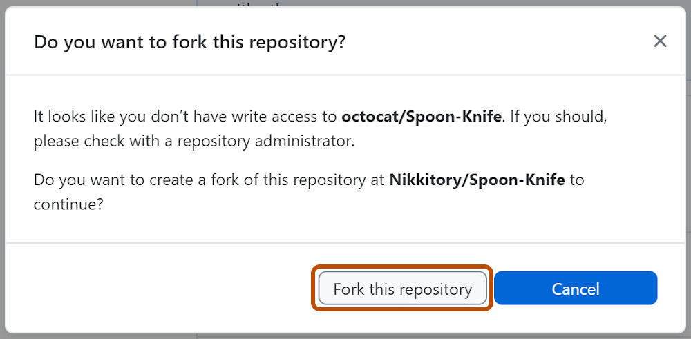 Screenshot of the "Create a fork prompt" window. A button, labeled "Fork this repository", is highlighted with an orange outline.