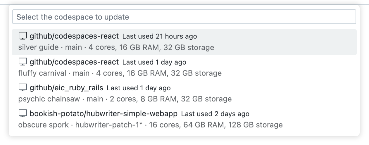 包含四个 codespace 的下拉列表的屏幕截图。