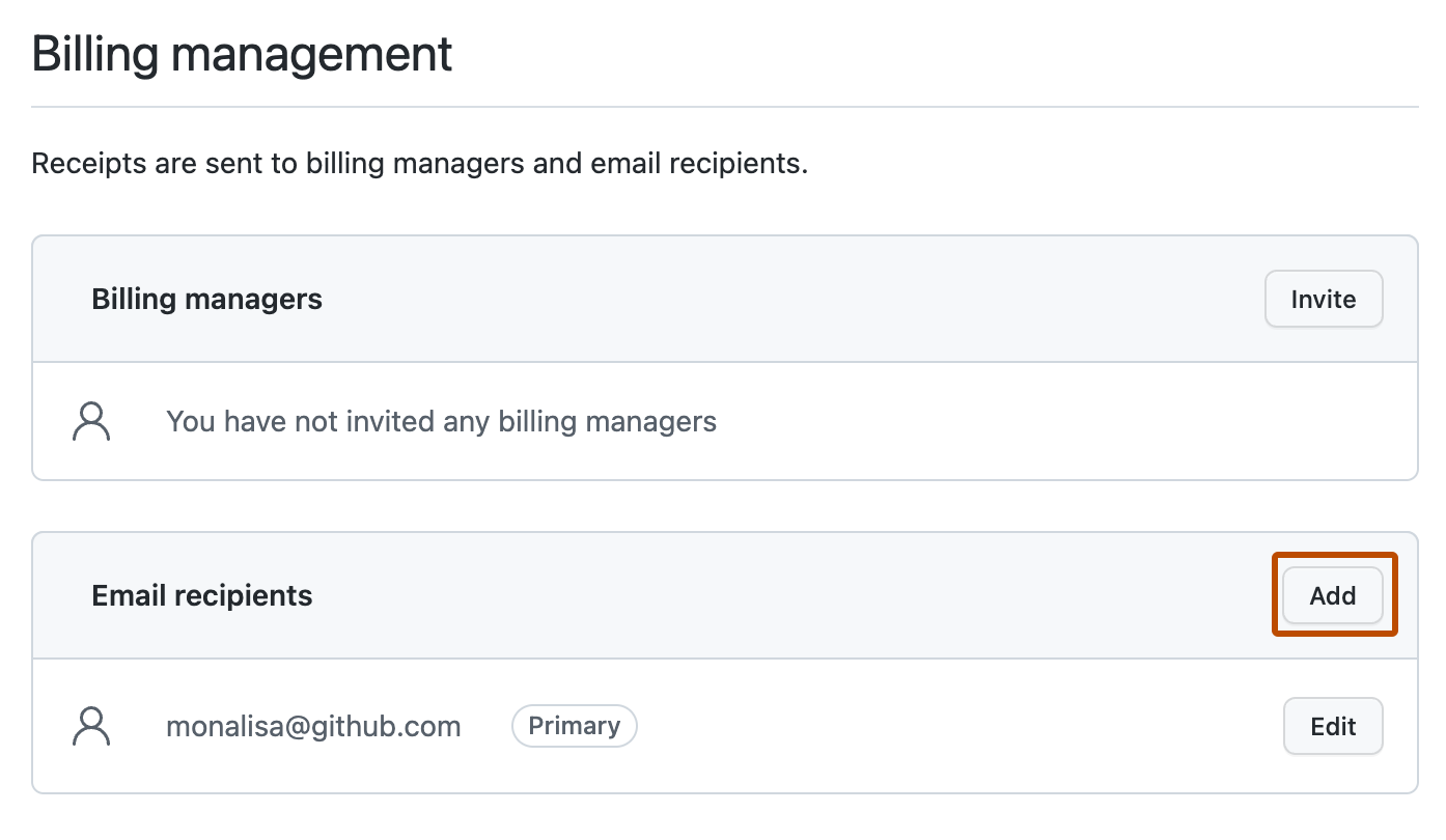 Captura de pantalla de la sección "Administración de facturación". Junto a "Destinatarios de correo electrónico", un botón, etiquetado con "Agregar", está resaltado con un contorno naranja.