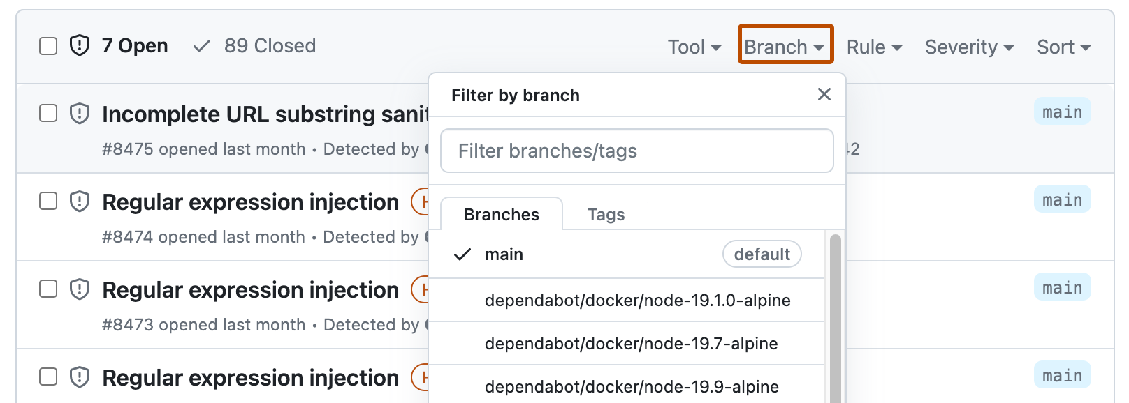 Capture d’écran du champ de recherche dans l’code scanning, avec le menu déroulant « Branche » développé. Le bouton « Branche » est encadré en orange foncé.