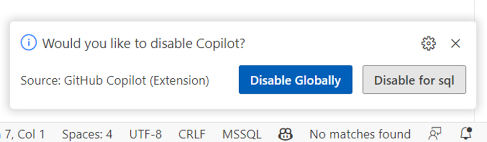 Capture d’écran de l’option permettant de désactiver GitHub Copilot globalement ou pour le langage actuel.