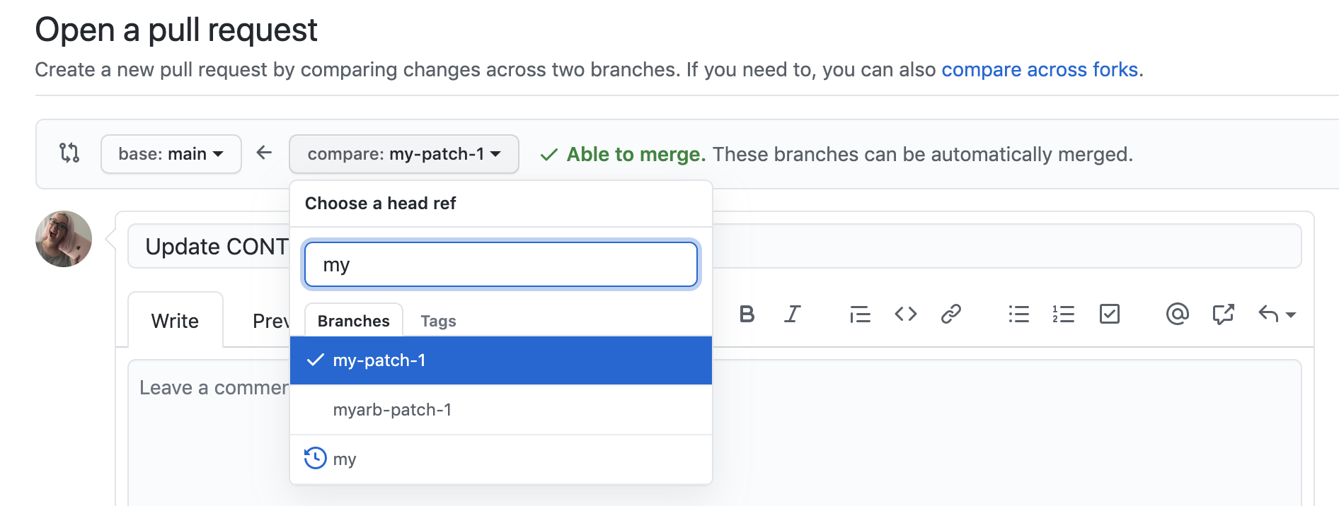 Captura de tela de uma solicitação de pull. O menu suspenso usado para editar o branch de comparação é expandido.