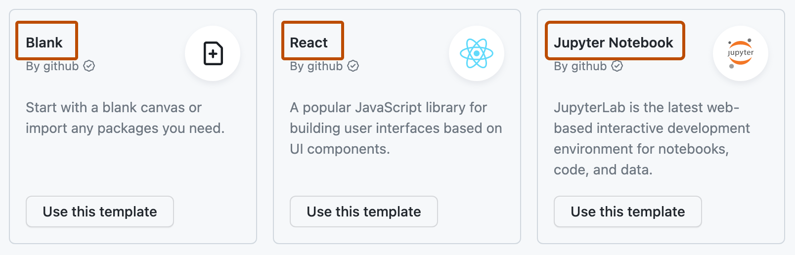 Screenshot of the "Explore quick start templates" section, with "React" highlighted