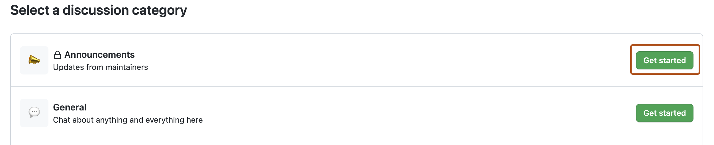 Screenshot of the "Select a discussion category" page.  A button, labeled "Get started", is outlined in dark orange.