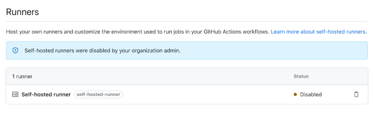 "ランナー"の一覧の状態が "無効" のセルフホステッド ランナーを示すスクリーンショット。