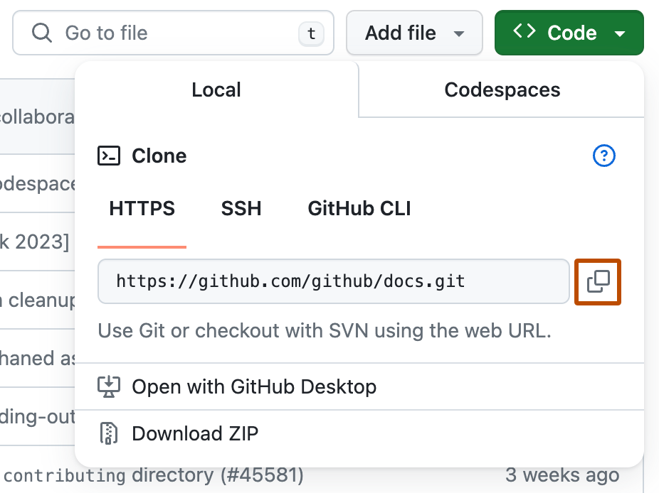 URL을 복사하여 GitHub CLI를 사용하여 리포지토리를 복제하기 위한 클립보드 아이콘