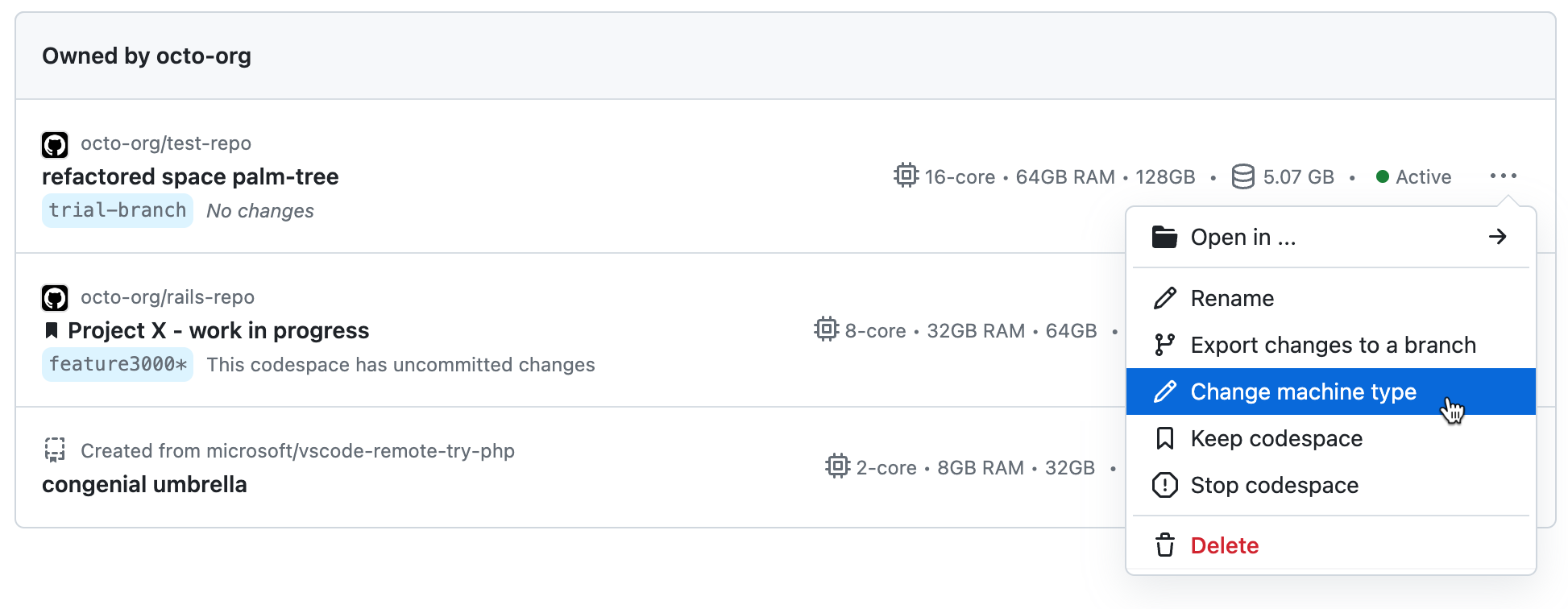 codespace のドロップダウン メニューのスクリーンショット。 [マシンの種類の変更] オプションが強調表示されています。