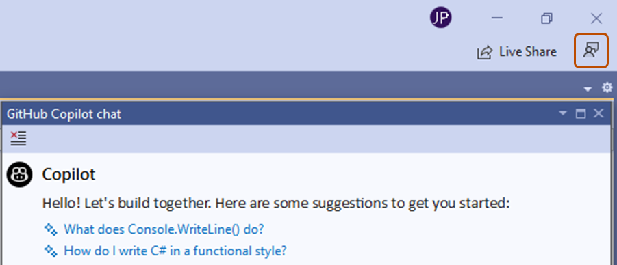 Screenshot of the share feedback button in Visual Studio.