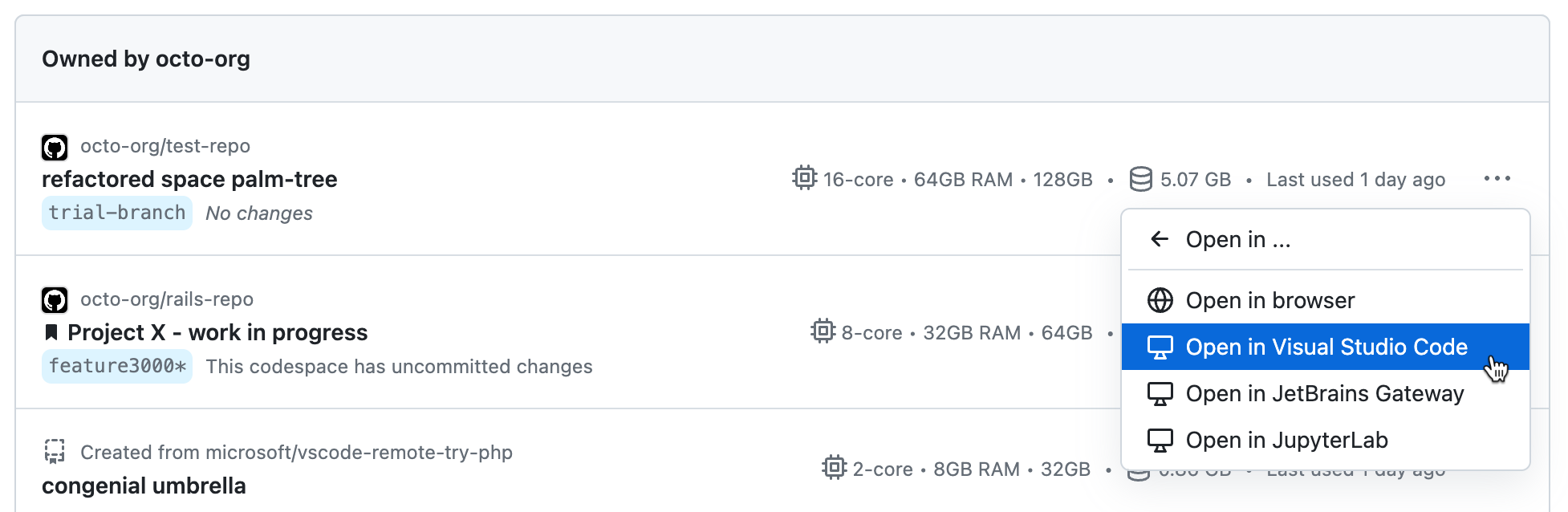 Captura de tela da caixa de diálogo "Abrir em", com "Abrir no Visual Studio Code" realçada.