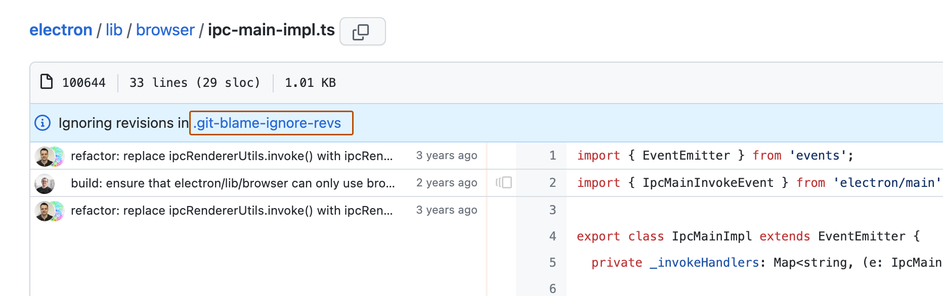 “ipc-main-internal.ts”文件的追溯视图的屏幕截图。 蓝色横幅指出信息为“忽略 .git-blame-ignore-revs 中的修订”。 .git-blame-ignore-revs 文件链接以深橙色框出。