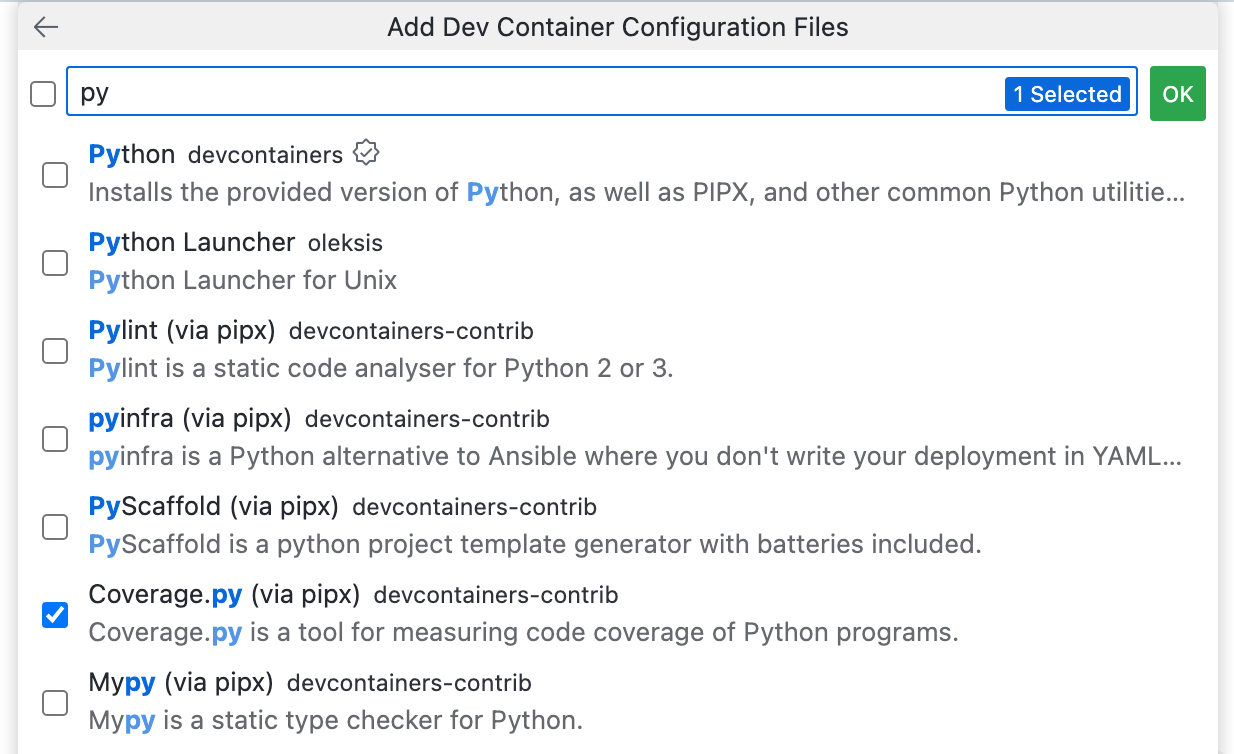 Captura de pantalla de la lista desplegable "Agregar archivos de configuración de contenedor de desarrollo", con "Coverage.py" seleccionado.