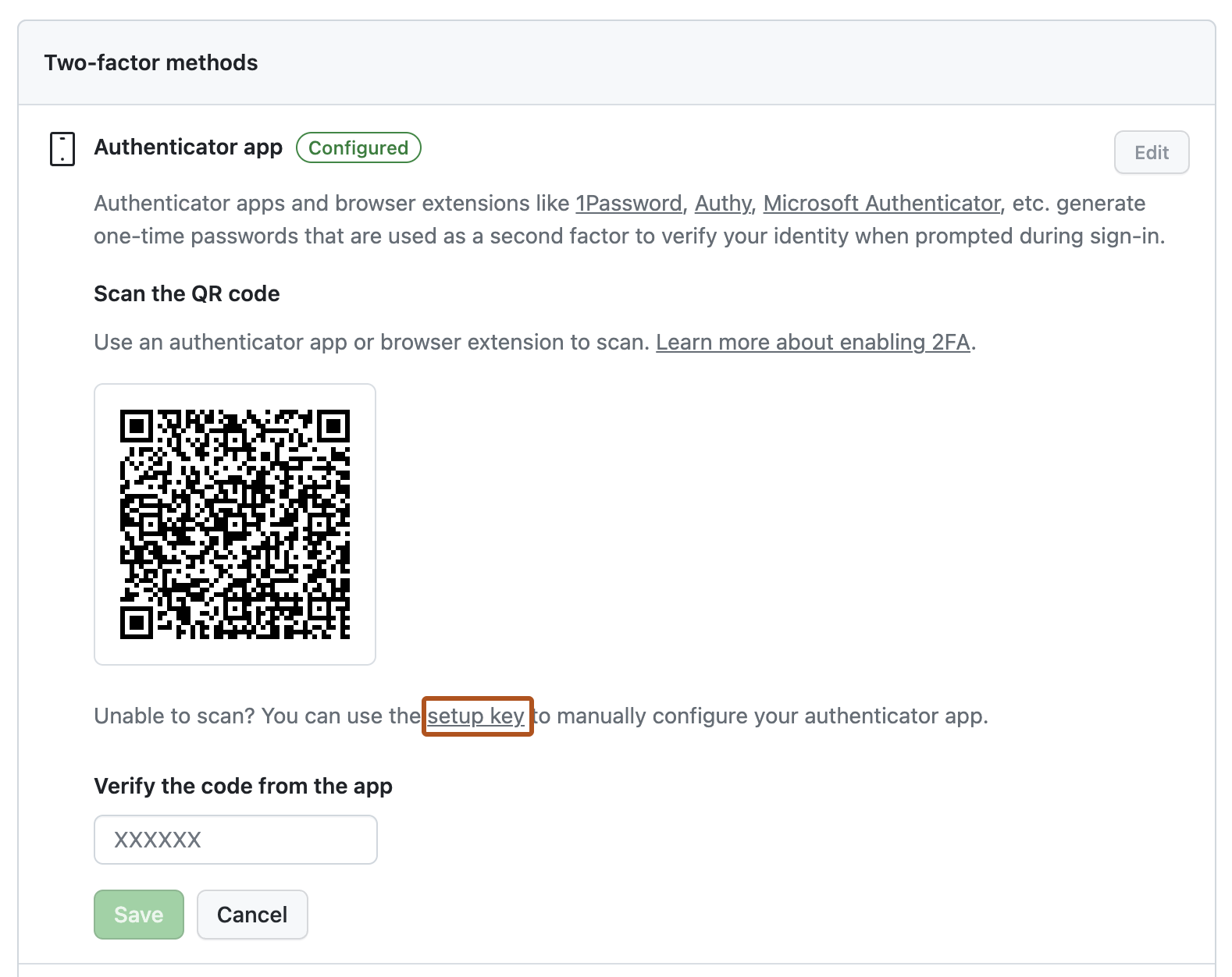 Capture d’écran des paramètres « Application Authenticator ». Un lien incorporé, intitulé « clé de configuration », est mis en évidence avec un encadré orange foncé.