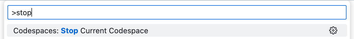 Screenshot der Befehlspalette mit dem Suchtext „Stop“ und der Option „Codespaces: Aktuellen Codespace beenden“