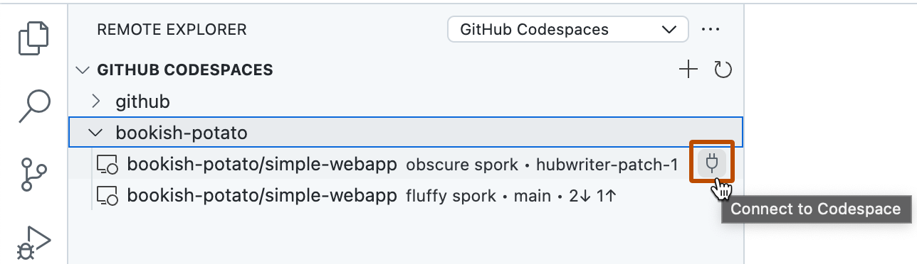 The Connect to Codespace icon in VS Code