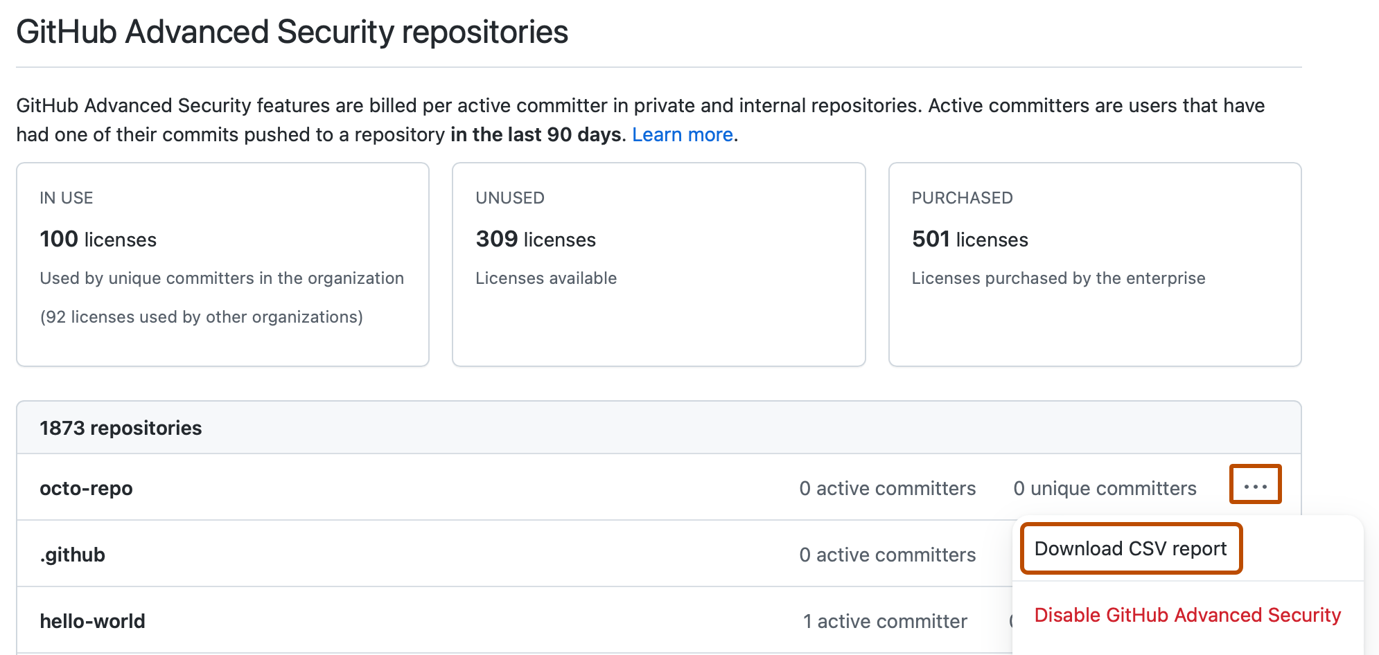 Screenshot der Committer nach Repositorytabelle. Das horizontale Kebab-Symbol und die Schaltfläche CSV-Bericht herunterladen sind mit einer orangefarbenen Kontur hervorgehoben.