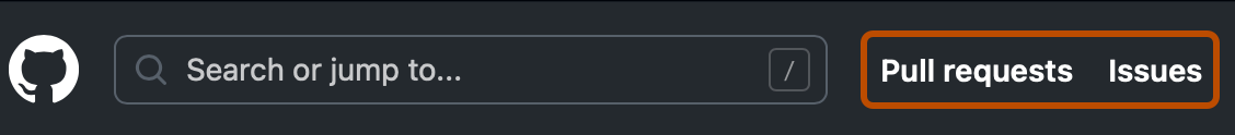 GitHub の任意のページのヘッダーのスクリーンショット。 [Pull request] タブと [Issue] タブがオレンジ色の枠線で強調表示されています。
