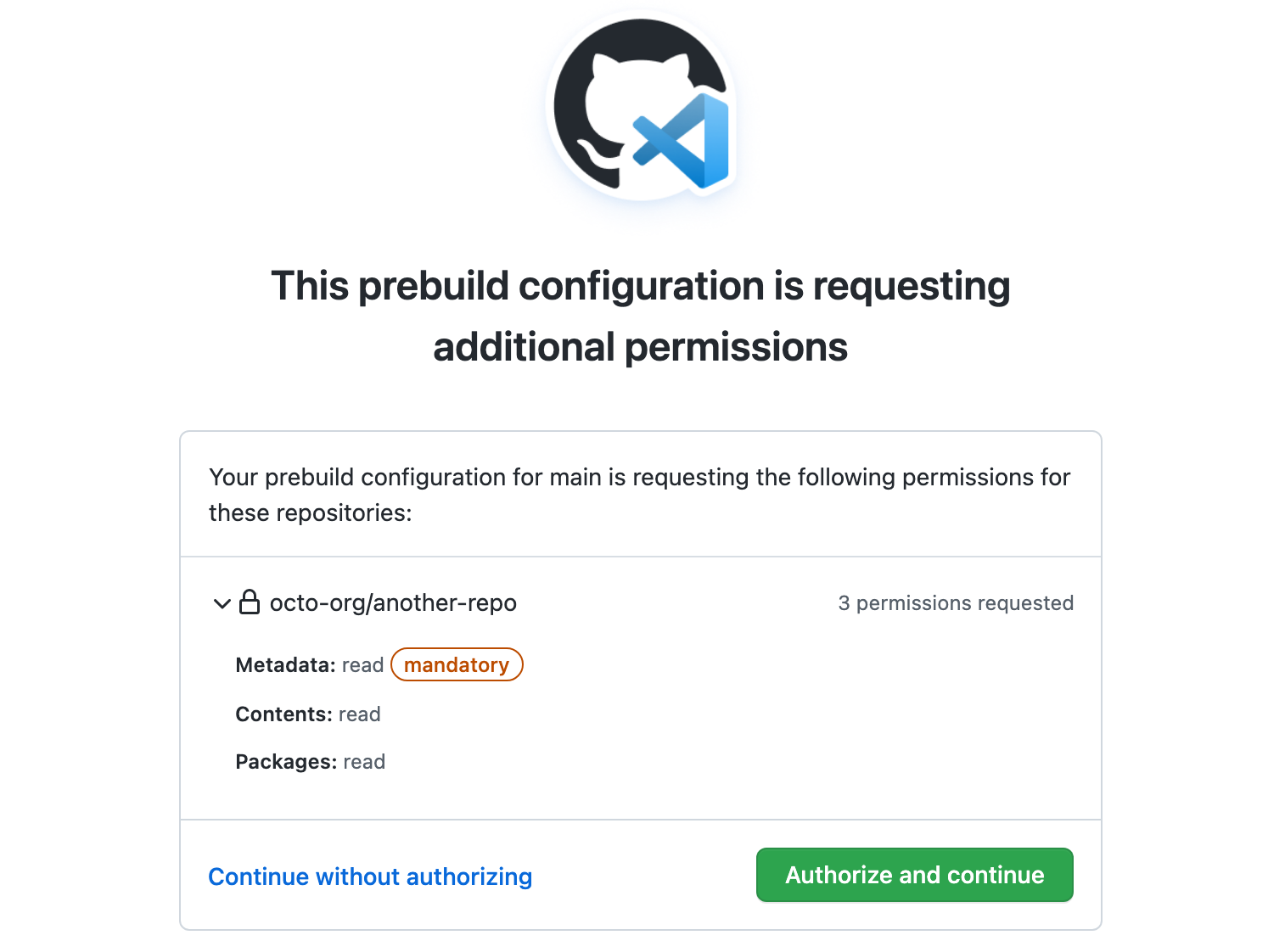 Captura de tela de uma página de autorização para uma configuração de pré-compilação. Três permissões são listadas nesta solicitação.