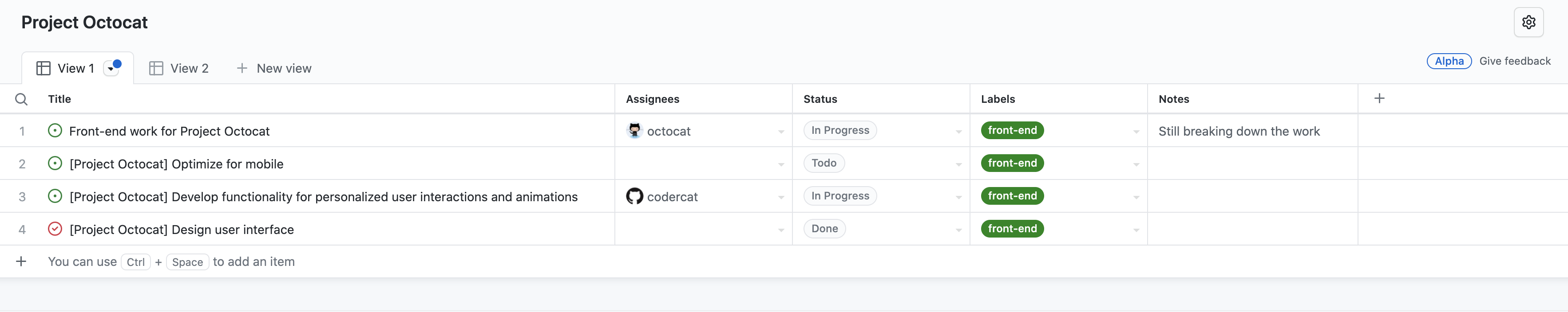 Screenshot of the table view of the "Project Octocat" project, containing a list of issues, with columns for "Title," "Assignees," "Status," "Labels," and "Notes."