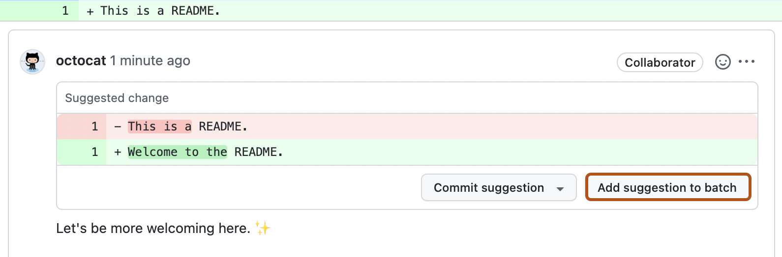 Screenshot: Reviewkommentar mit einem Vorschlag. Die Option „Vorschlag zu Batch hinzufügen“ ist dunkelorange umrandet.