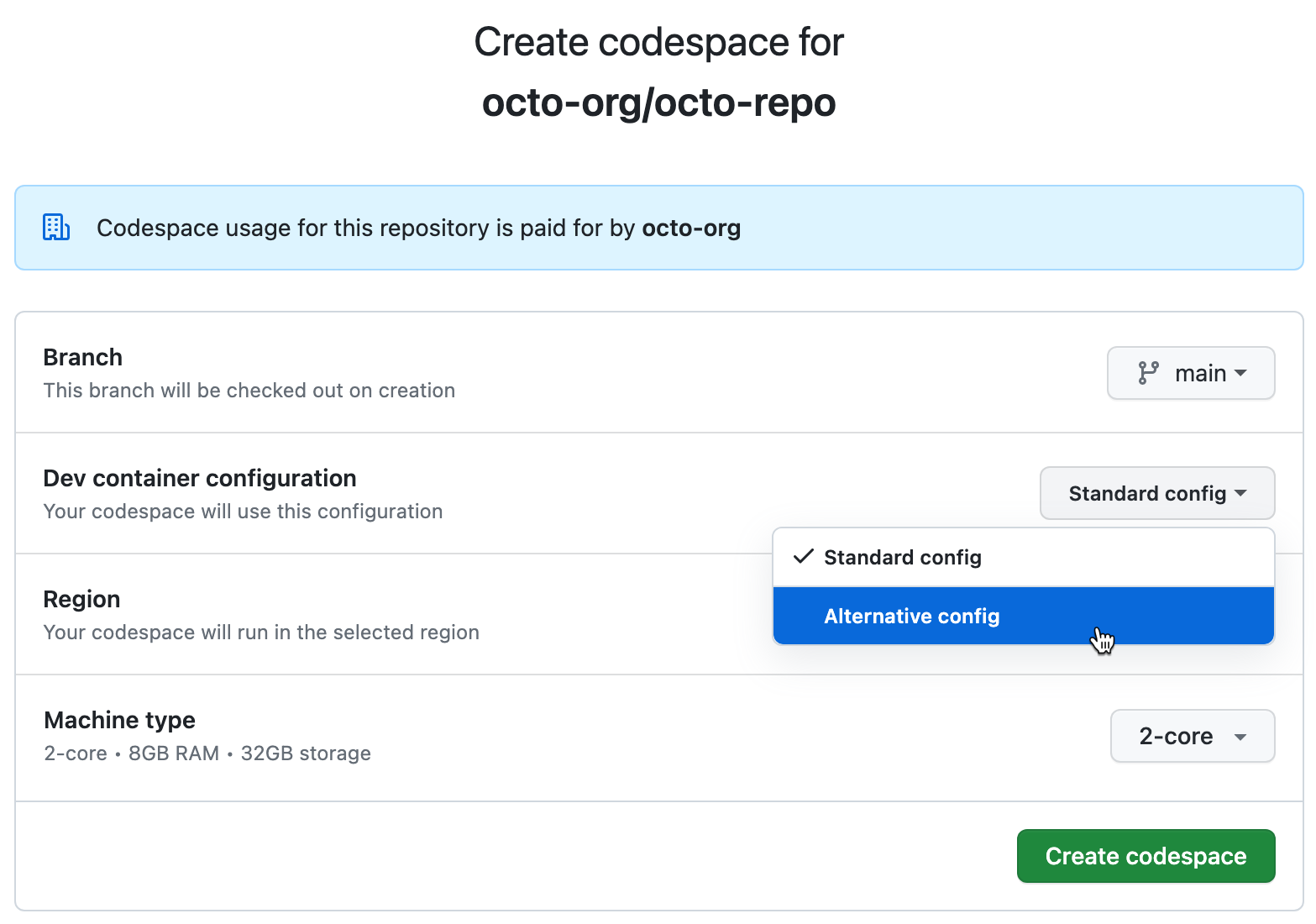 Screenshot der Seite Codespace-Erstellungsoptionen mit einer Dropdownliste mit einer Auswahl von Konfigurationsdateien