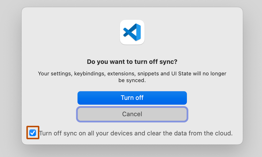 Screenshot of the "Do you want to turn off sync?" dialog, with the option to clear data from the cloud selected.
